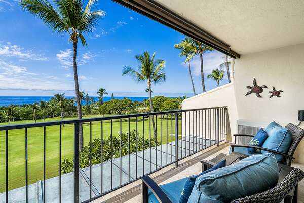 Views of the Golf Course and Ocean from the Lanai at Kona Hawaii Vacation Rentals