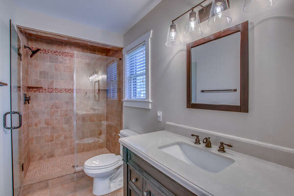 Master bathroom with walk in shower (and glass door), sink, and toilet.