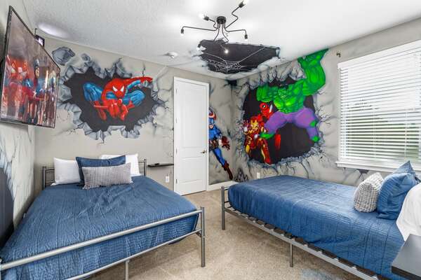 Superheroes will love their bedroom with two comfortable beds