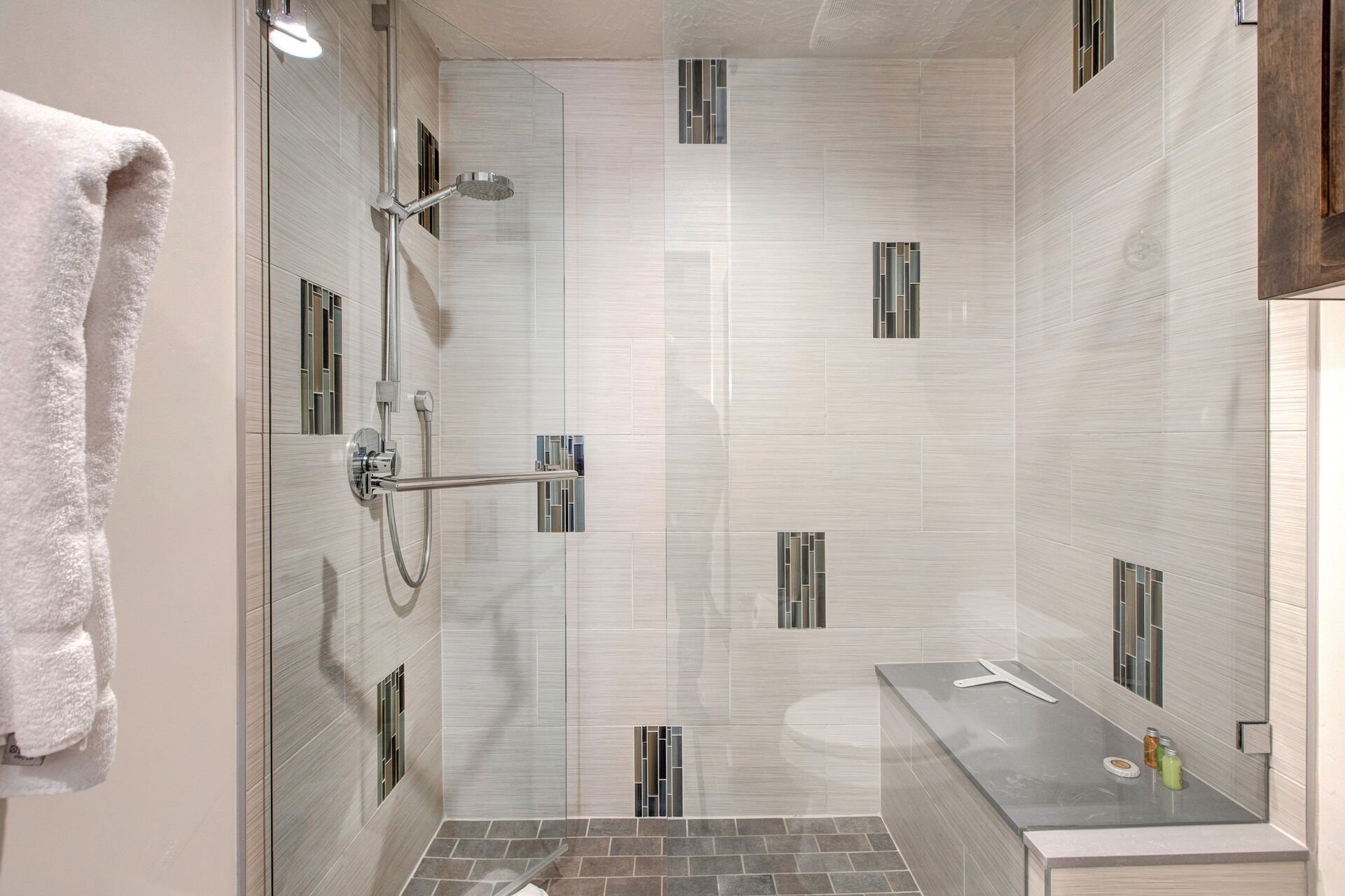Quartz Counter Vanity and Large Tile Shower