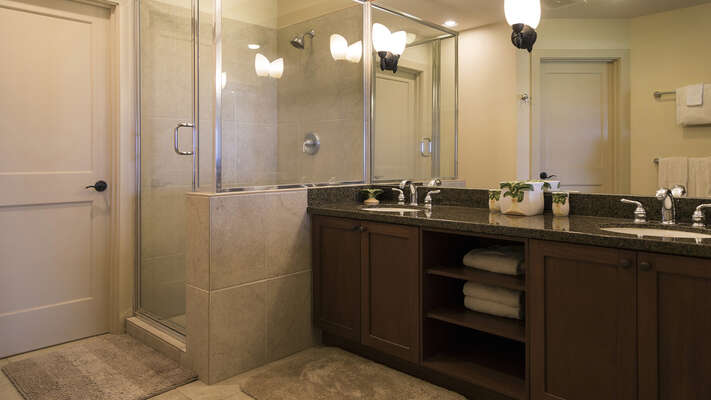 Walk-in shower and his and hers vanity sink in the master bathroom.