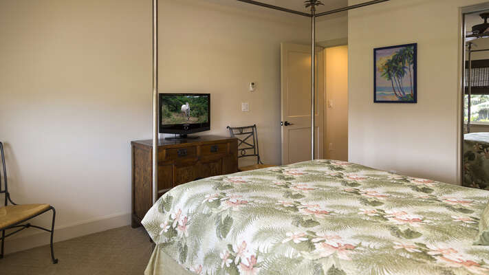 View of the TV and dresser at the foot of the upstairs bedroom bed.