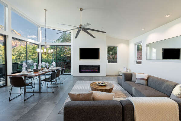 Contemporary Furnishings with TV and Gas Fireplace, Dining Area and Stunning Views