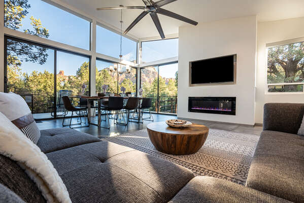 Contemporary Furnishings with TV and Gas Fireplace, Dining Area and Stunning Views