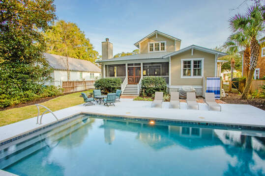 The back yard and pool of this house to rent in St. Simons Island GA.