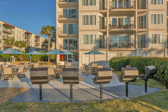 The pool area has plenty of grills for guests to use at The Beach Club at St. Simons