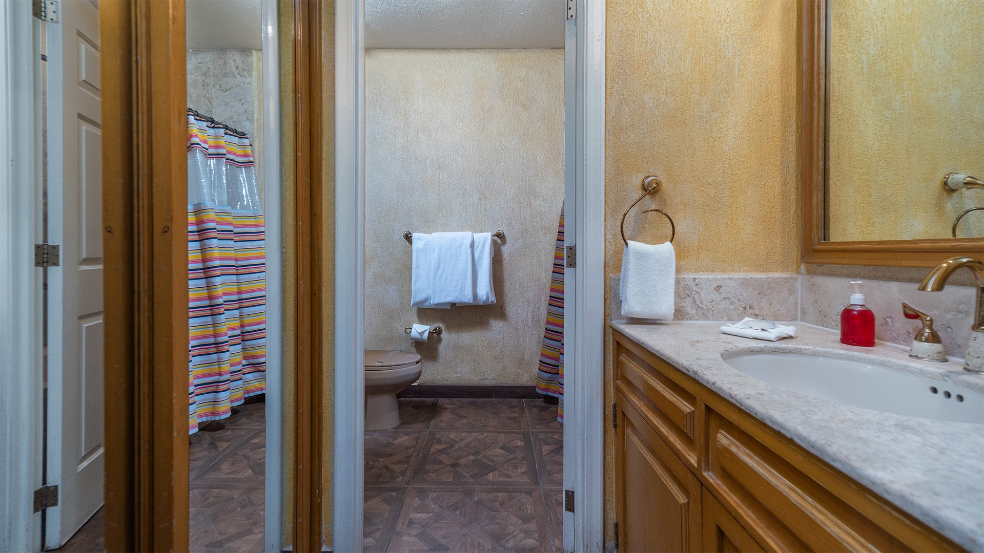 Vanity and shower area.