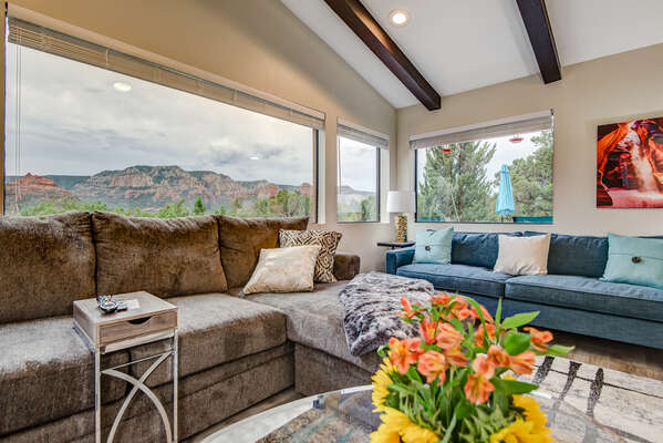Spacious Living Room with a Large Sectional Sofa, a 2nd Sofa, and Big Picture Windows to Enjoy the Amazing Sedona Red Rock Views