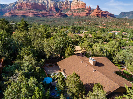Drone view of the property in Uptown Sedona and back yard