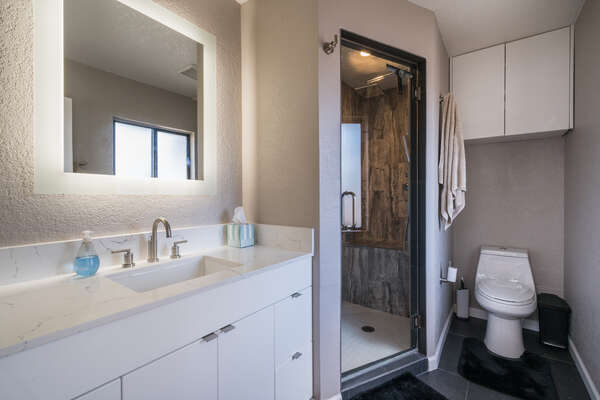 Master Bath with a Steam Shower and White Vanity