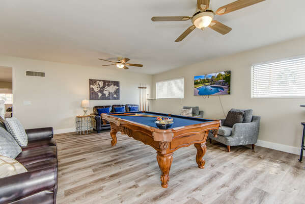 Game Room with a Pool Table, Smart TV with HD Cable with Premium Movie Channels, and Plenty of Seating