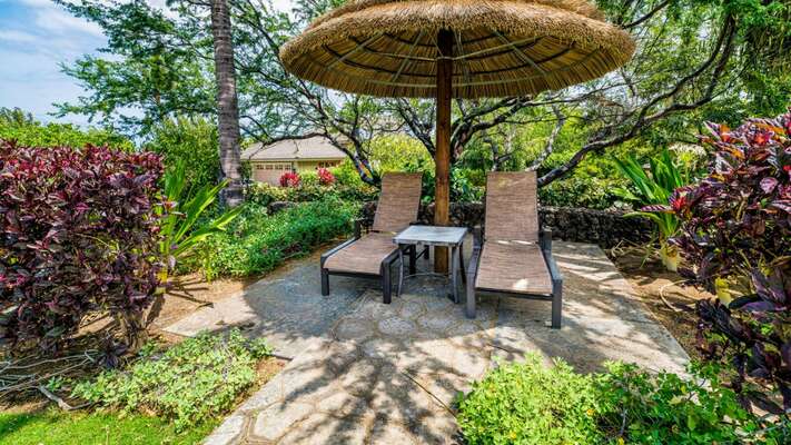 Palm Leaf Umbrella and Lounge Pool Chairs