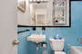 1950s Mid-Century Sky Blue Tile Bathroom and Vanity - Short Term Housing Atlanta - Cool Classic Studios On 25th