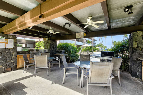 BBQ Area with Outdoor Tables, Chairs, and Ceiling Fans