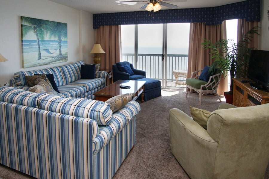 Ashworth 1704 oceanfront vacation rental in Ocean Drive, North Myrtle Beach | living room 1 | Thomas Beach Vacations