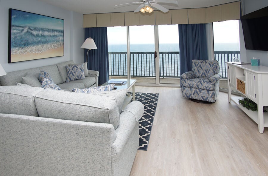 Ashworth 1404 oceanfront vacation rental in Ocean Drive, North Myrtle Beach | living room 1 | Thomas Beach Vacations