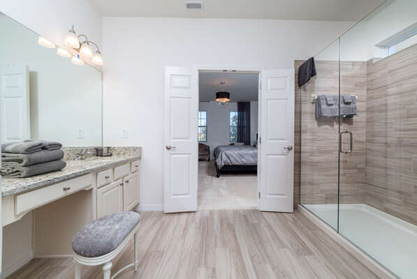 Large vanity and walk-in shower