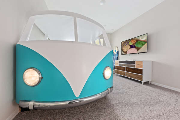 A custom surfer bedroom features an amazing VW style surfer bunk bed