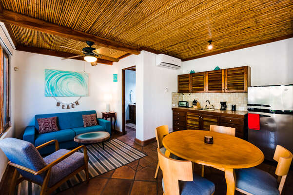 Beachfront Casita – Sofa Bed, Living Areas, AC, Kitchenette, Dining table.