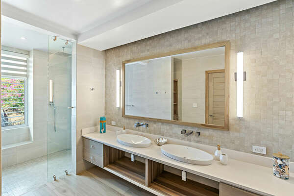 His and Hers Double Sink Bathroom, Each with Its Own Side, and a Spacious, Modern Shower