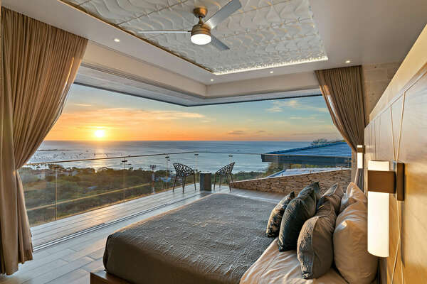 Enormous Floor-to-Ceiling Glass Window, Unfolding the Full Length, Offering Breathtaking Sunset Views from Your Bed