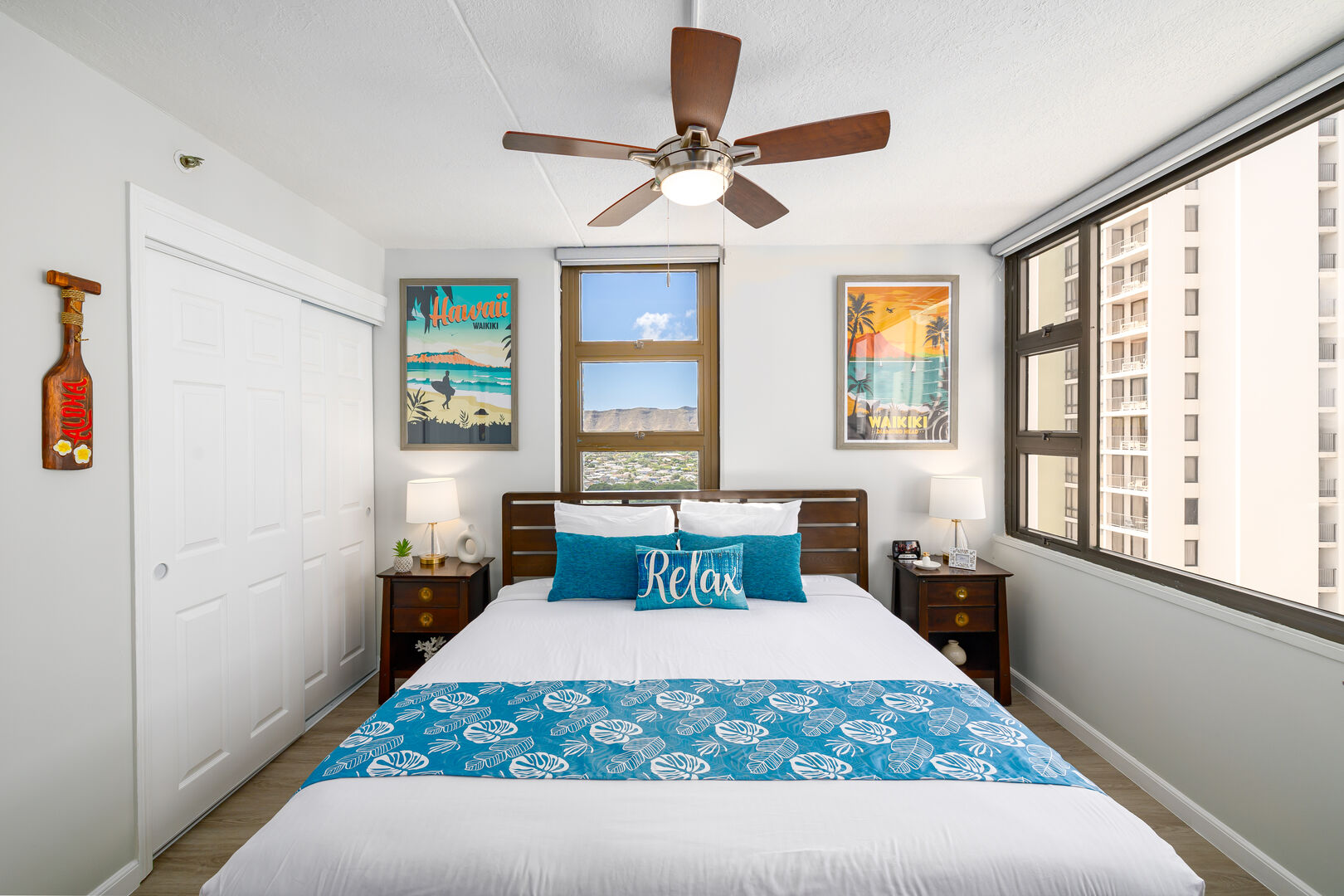 Bedroom with king size bed, ceiling fan and Ocean views