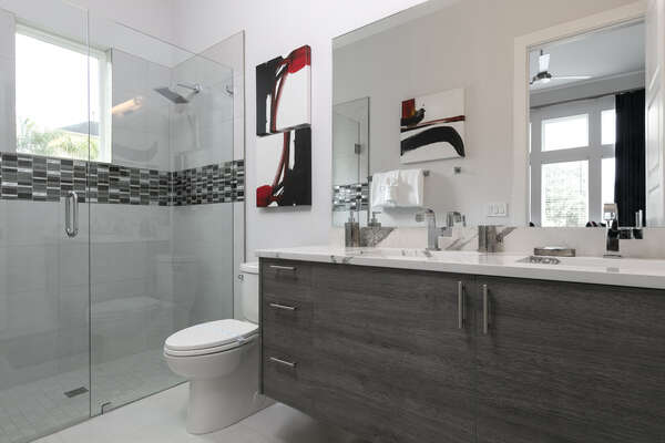 Plenty of room to get ready with the dual sinks and walk in shower