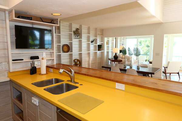 Kitchen features TV and stainless appliances