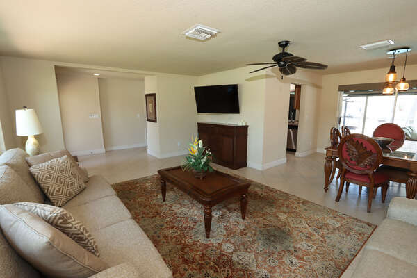 Living Room, Large Screen TV, & Dining Room