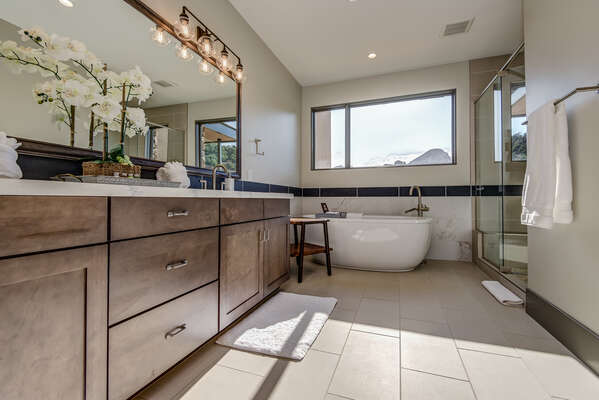 Spacious Master Bath with Dual Quartz Countertop Sinks, Soaking Tub and, Of Course, the Views