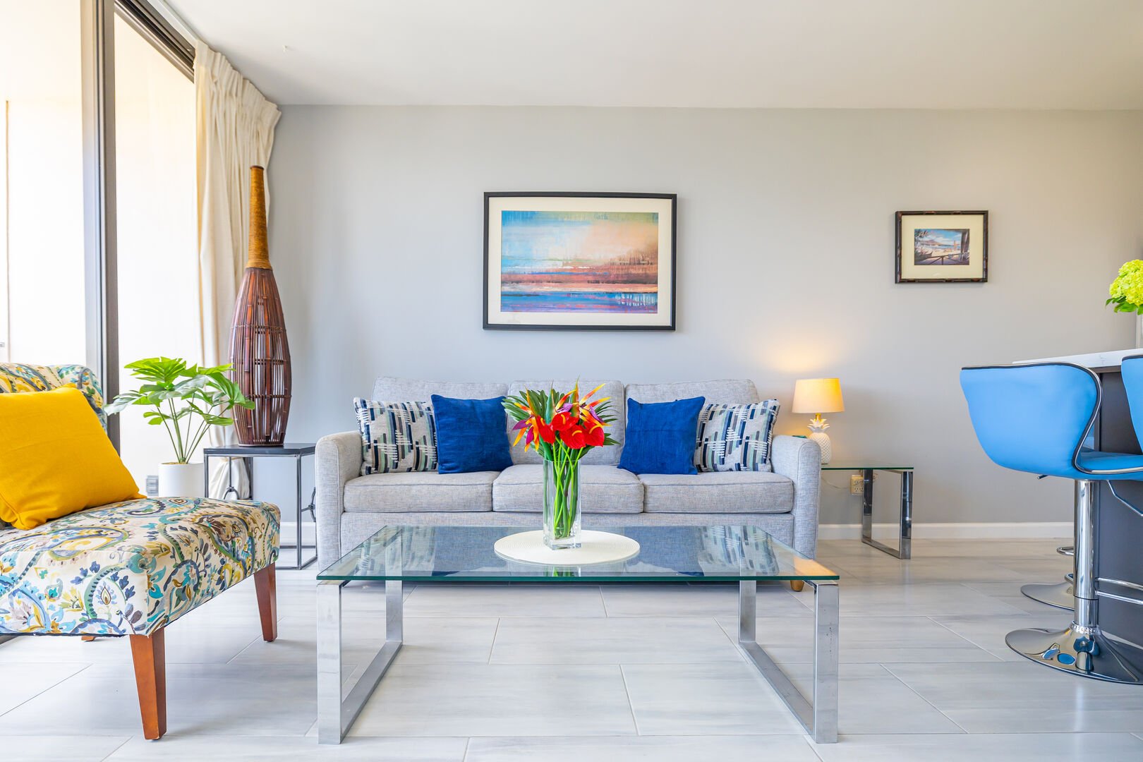 The living room features a pull-out sleeper sofa!