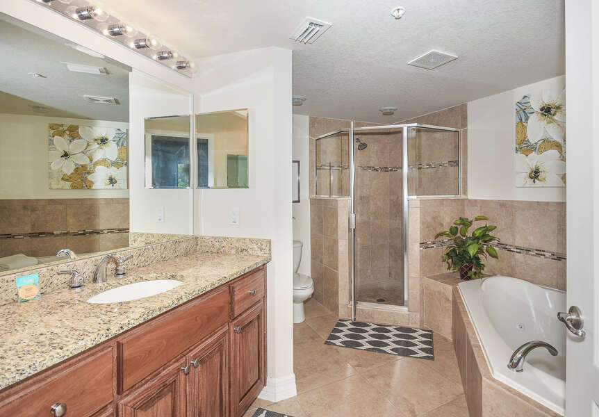 Walk-in shower, bathtub, and double vanity sink