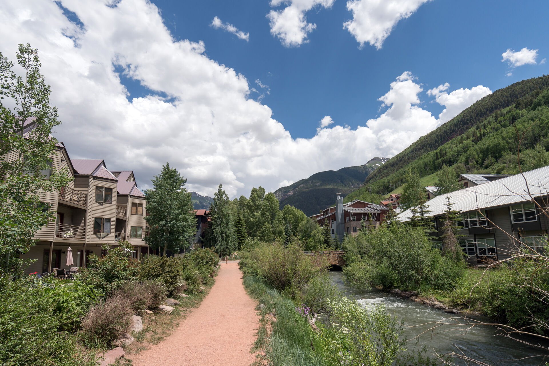 Pathway and small creek outside our Telluride studio rental