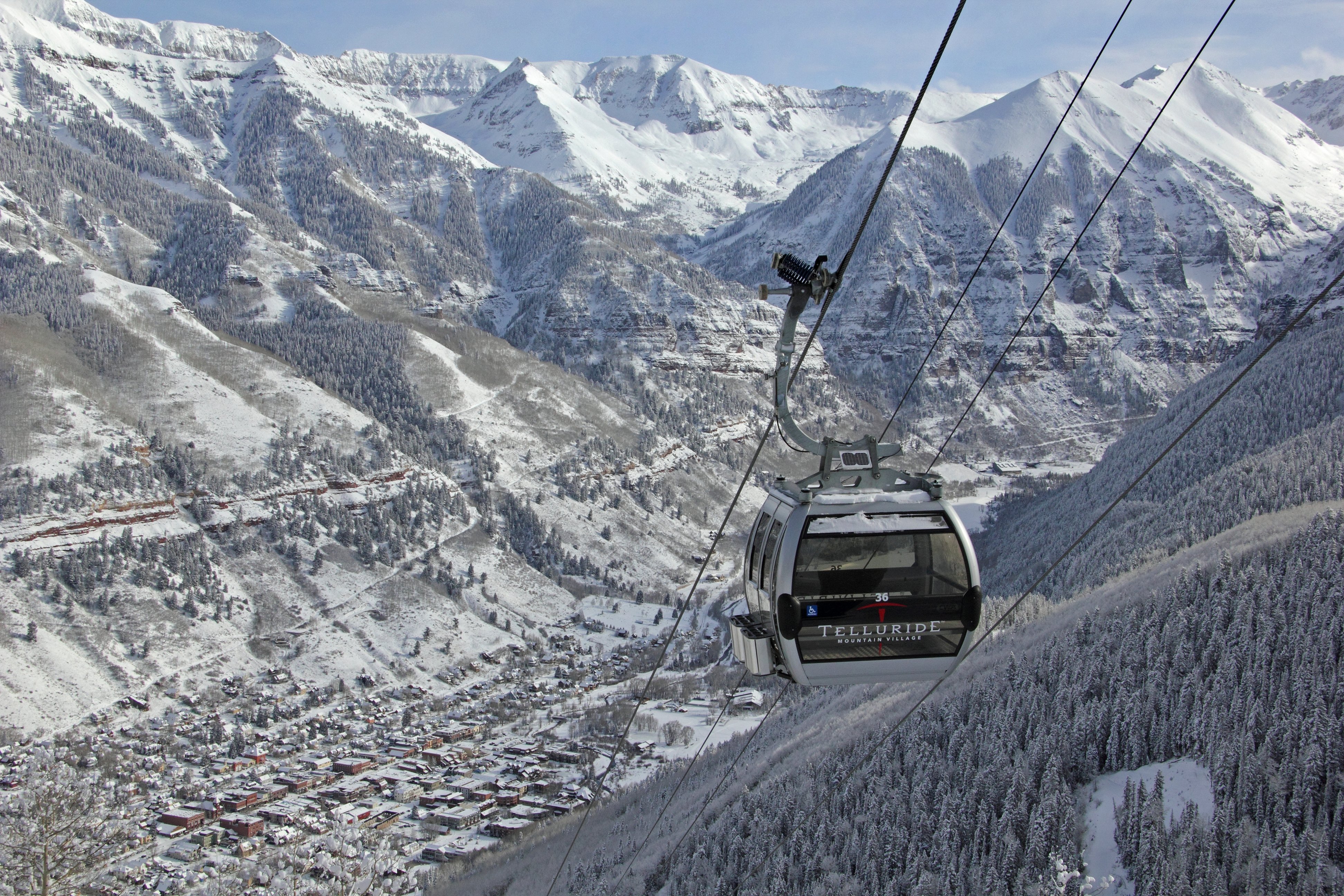 Telluride's famous gondola. The gondola connects the town of Telluride to Mountain Village. Some say it is possibly the best free public transportation around.
