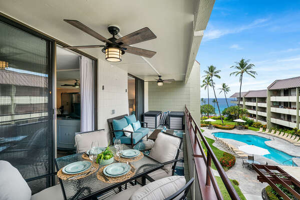 Spacious Lanai with Outdoor Furniture Set and Ceiling Fans