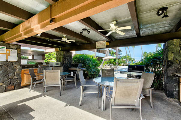 BBQ Area with Outdoor Tables, Chairs, and Ceiling Fans