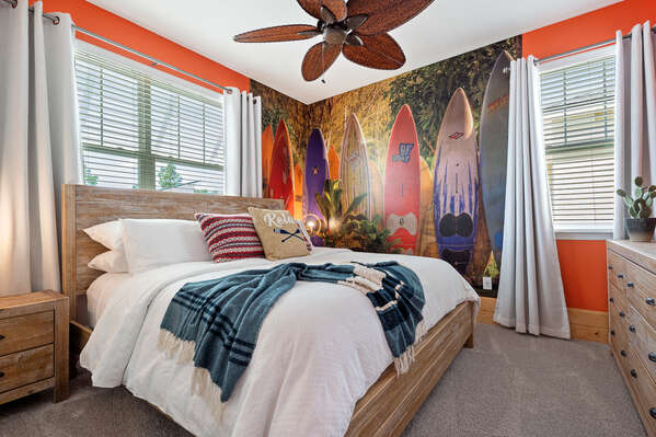 Wind down in this master suite with a beach theme