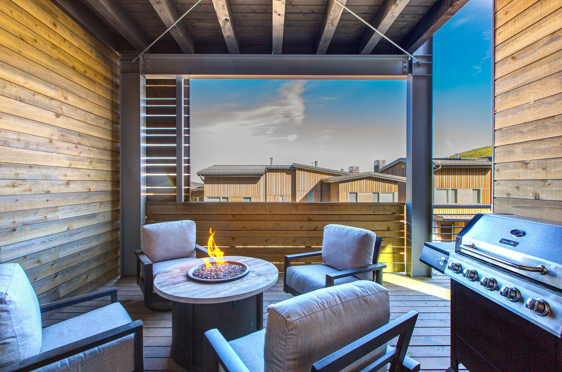 Private Deck with a Fire Table and Chairs, and a Gas BBQ Grill