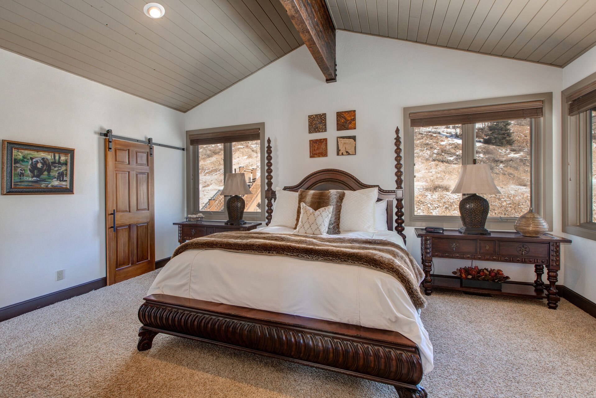 Master Bedroom - is the Upper Level - with a King Bed, Wood Burning Fireplace, 32