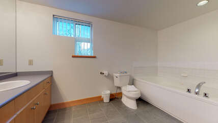 Primary ensuite w/ soaker tub, walk-in shower, and double vanity