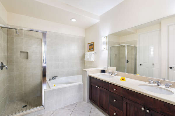 Large Bathroom with Walk-in Shower, Tub, and His/Hers Vanity