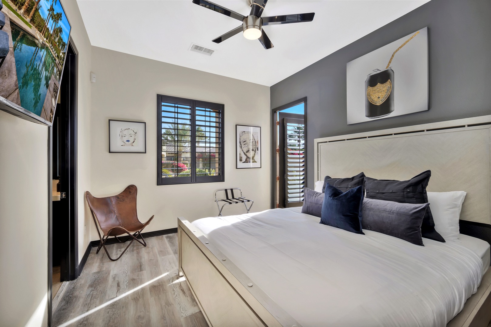 Bedroom 2 has a king size bed, access to the front courtyard and shares a Jack & Jill bathroom with bedroom #3!