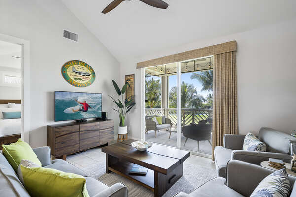 Living Area with Plenty of Seating and Lanai Access at Waikoloa Hawai'i Vacation Rentals