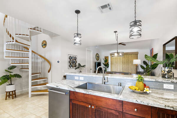 Full Kitchen with Spiral Stairs Leading to the Loft at Fairway Villas Waikoloa J34