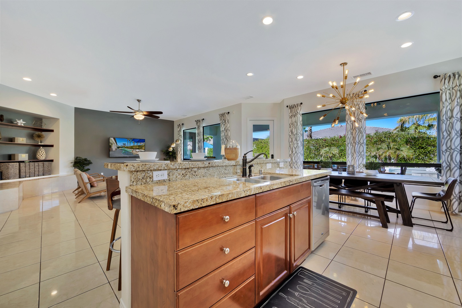 Convenient center island with sink and dishwasher