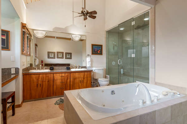 Primary bathroom in our oceanfront rental home in Kona
