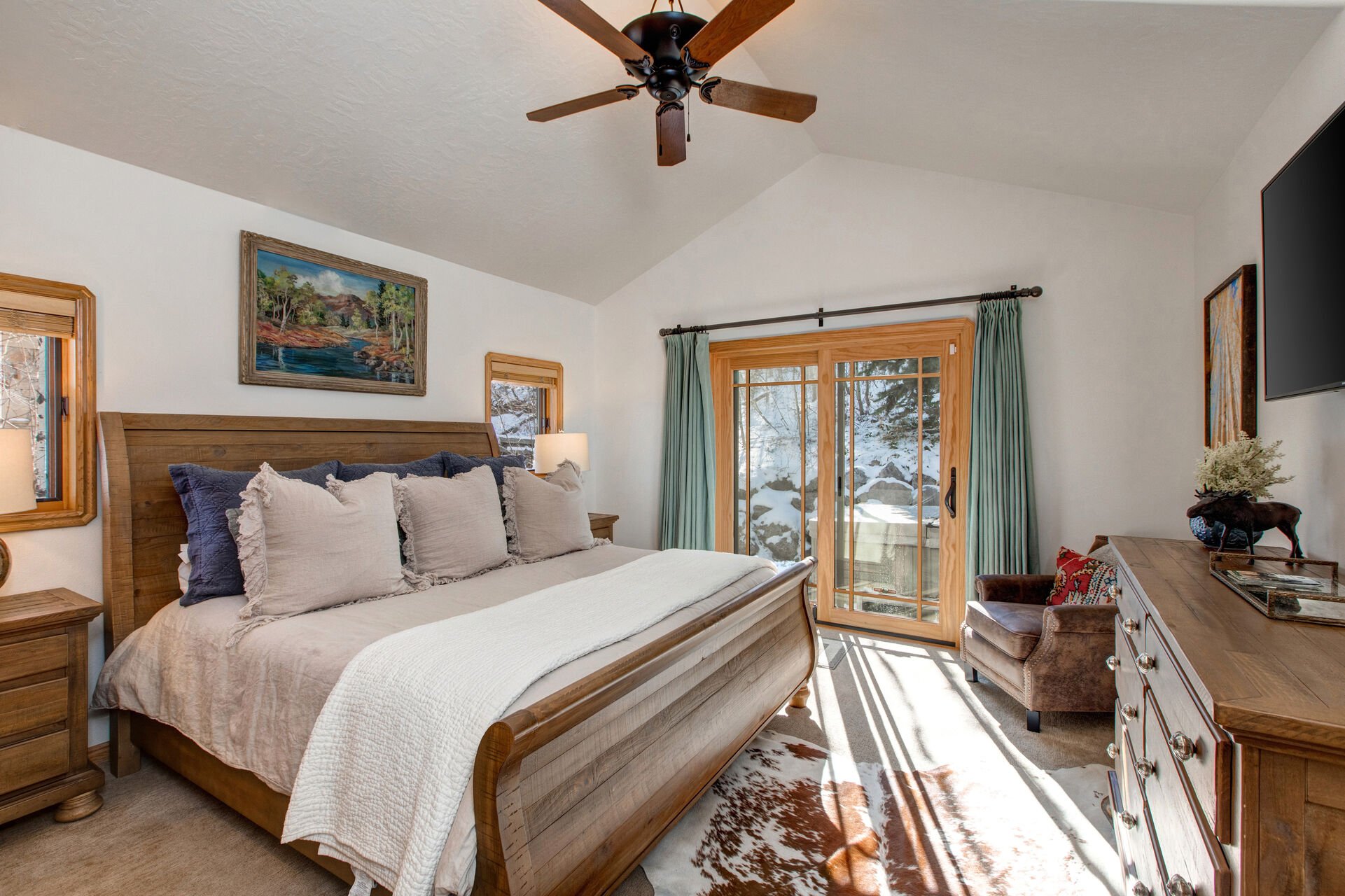 Grand Master Bedroom with King Bed, Smart TV, Private Patio and Hot Tub, and Full Private Bath