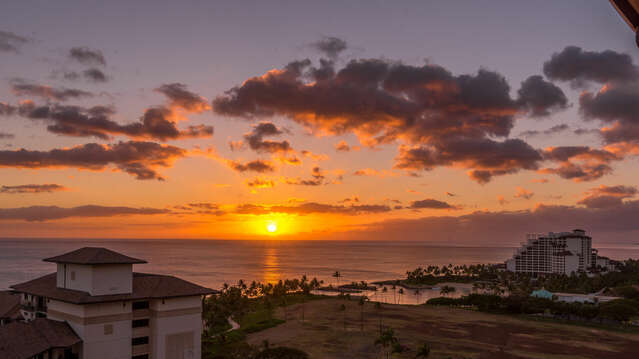 View of ocean from this oahu rental at sunset
