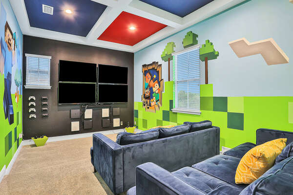 Your kids will love this game room with 4 Xbox & PS4 consoles