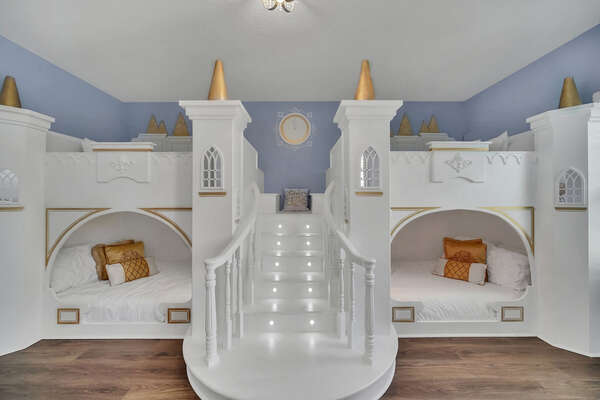Your princesses will love this royal bedroom. Choose from four full size beds for a royal night`s sleep